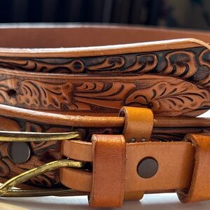 Vintage Embossed Leather Belt with Brass Buckle